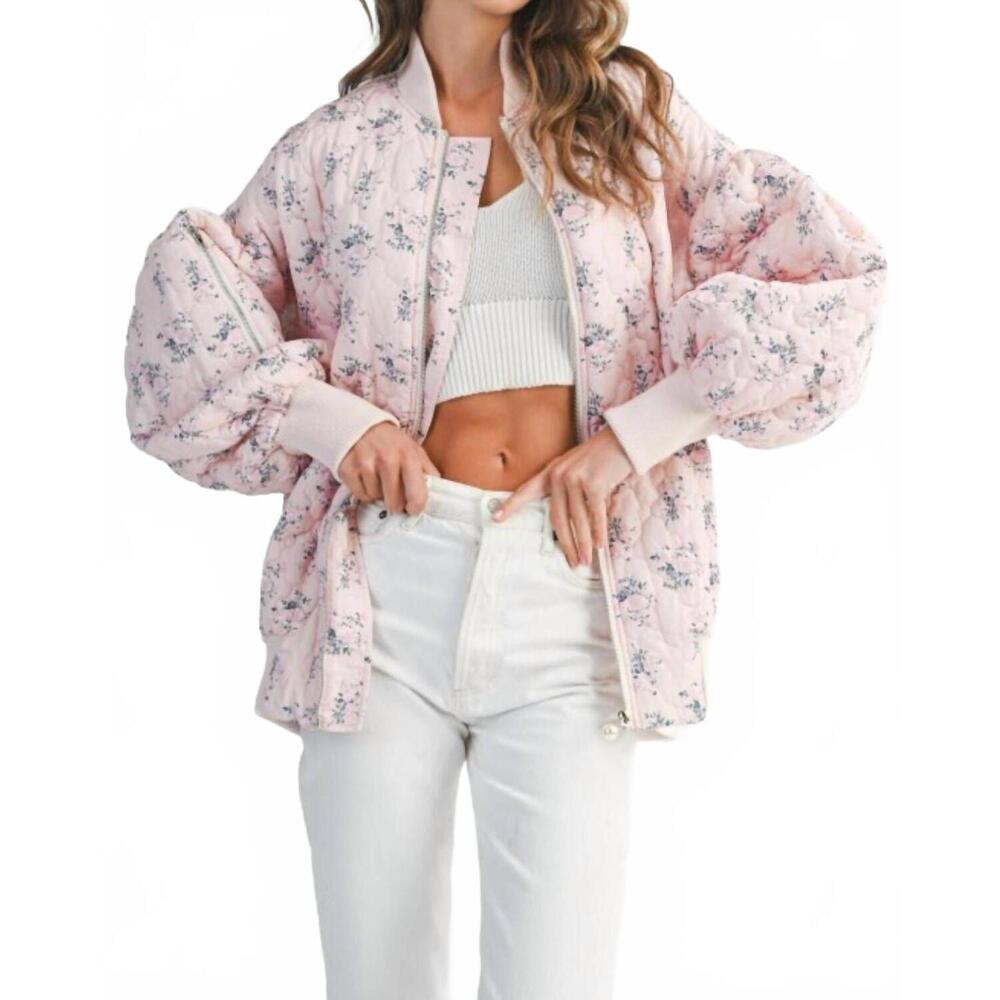 Floral Pink Puff-Sleeve Bomber Jacket